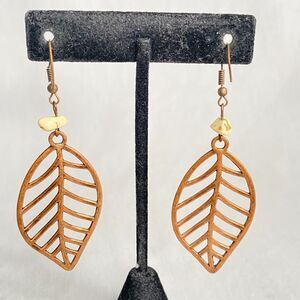 Copper Tone Dangle Earrings Open Work Leaf Outline With  Tiny White Stones